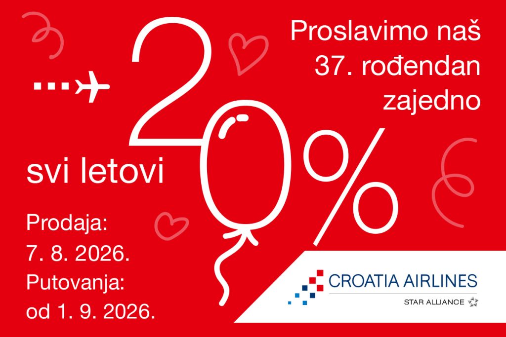 Rođendanski poklon za putnike: Iskoristite 20 % popusta na letove Croatia Airlinesa